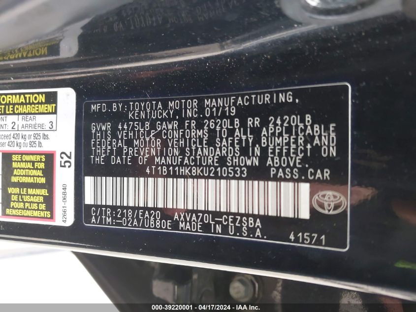 2019 Toyota Camry Se VIN: 4T1B11HK8KU210533 Lot: 39220001