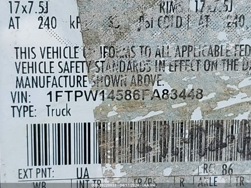 2006 Ford F-150 Fx4/Lariat/Xlt VIN: 1FTPW14586FA83448 Lot: 39220033