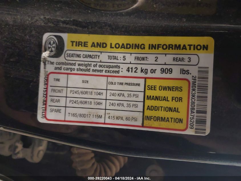 2013 Ford Edge Limited VIN: 2FMDK3KC8DBA75209 Lot: 39220043