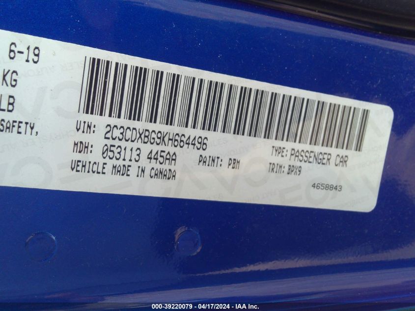 2019 Dodge Charger Sxt Rwd VIN: 2C3CDXBG9KH664496 Lot: 39220079