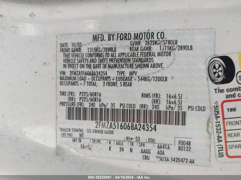 2006 Ford Freestar Se VIN: 2FMZA51606BA24354 Lot: 39220081