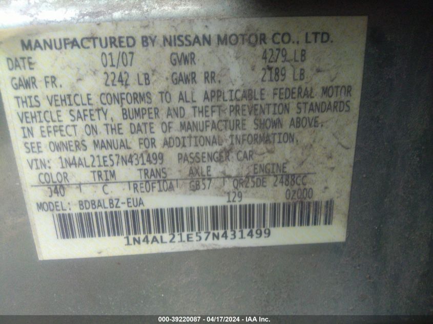 2007 Nissan Altima 2.5 S VIN: 1N4AL21E57N431499 Lot: 39220087