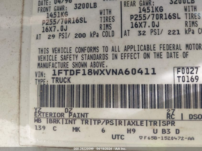 1997 Ford F-150 Lariat/Standard/Xl/Xlt VIN: 1FTDF18WXVNA60411 Lot: 39220099