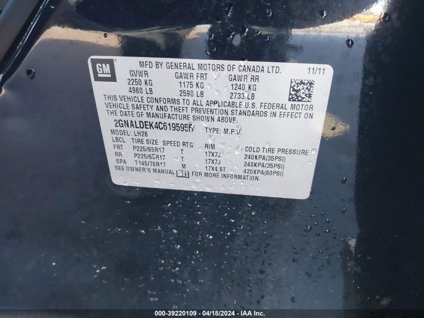 2012 Chevrolet Equinox 1Lt VIN: 2GNALDEK4C6195956 Lot: 39220109