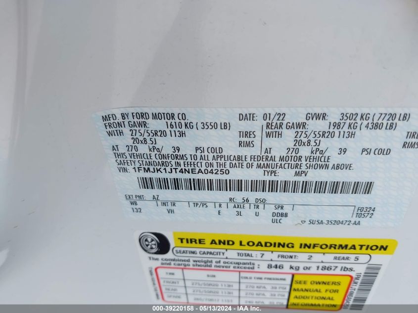 2022 Ford Expedition Xlt Max VIN: 1FMJK1JT4NEA04250 Lot: 39220158