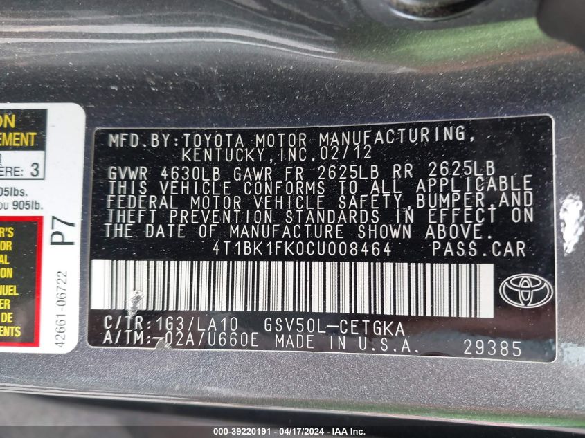 2012 Toyota Camry Xle V6 VIN: 4T1BK1FK0CU008464 Lot: 39220191