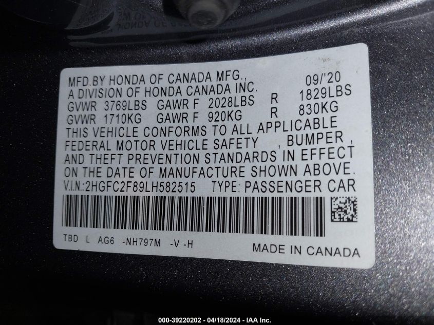 2020 Honda Civic Sport VIN: 2HGFC2F89LH582515 Lot: 39220202