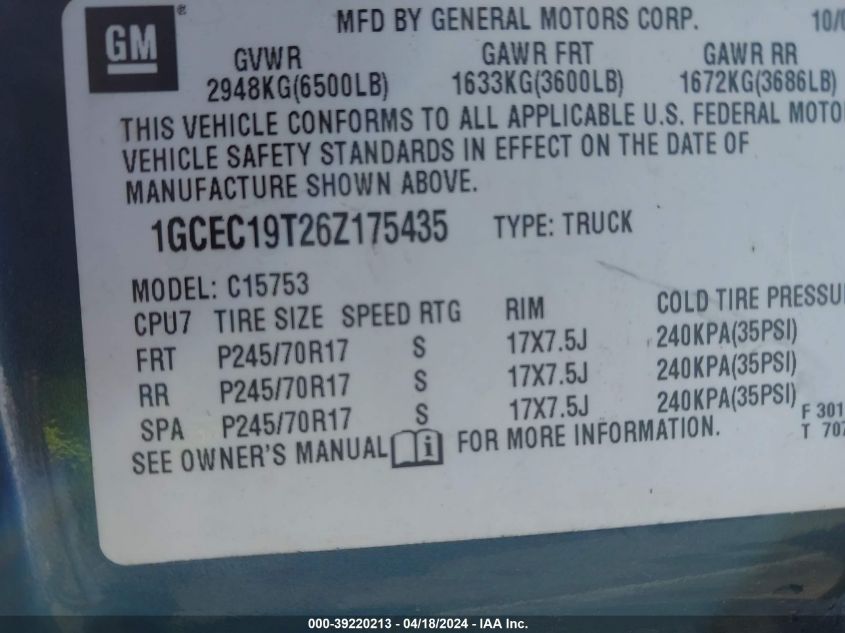 2006 Chevrolet Silverado 1500 Ls VIN: 1GCEC19T26Z175435 Lot: 39220213