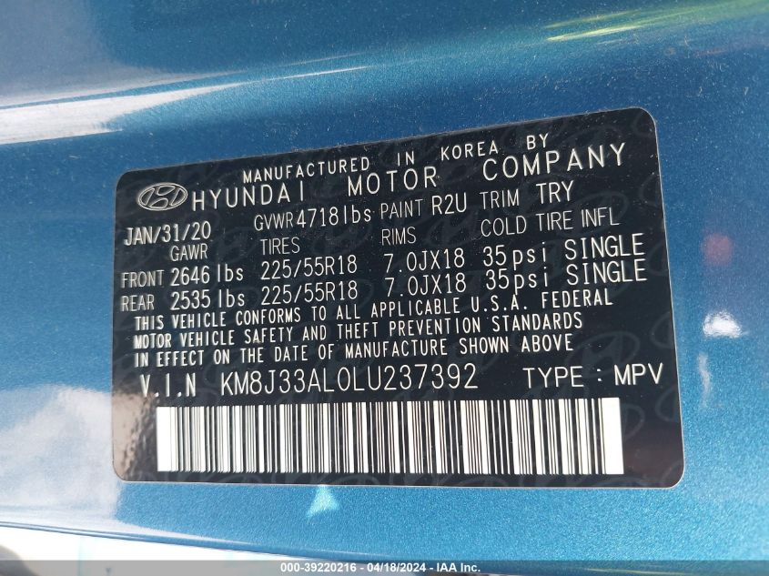 2020 Hyundai Tucson Limited VIN: KM8J33AL0LU237392 Lot: 39220216