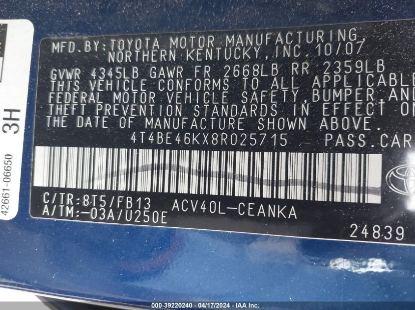 2008 Toyota Camry Le VIN: 4T4BE46KX8R025715 Lot: 39220240