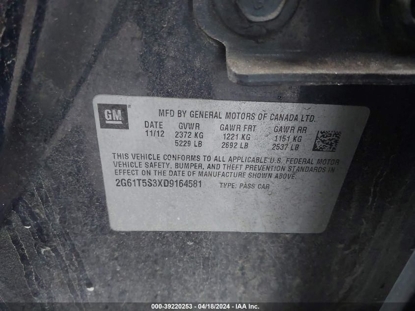 2013 Cadillac Xts Premium VIN: 2G61T5S3XD9164581 Lot: 39220253