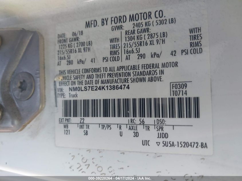 NM0LS7E24K1386474 2019 Ford Transit Connect Xl