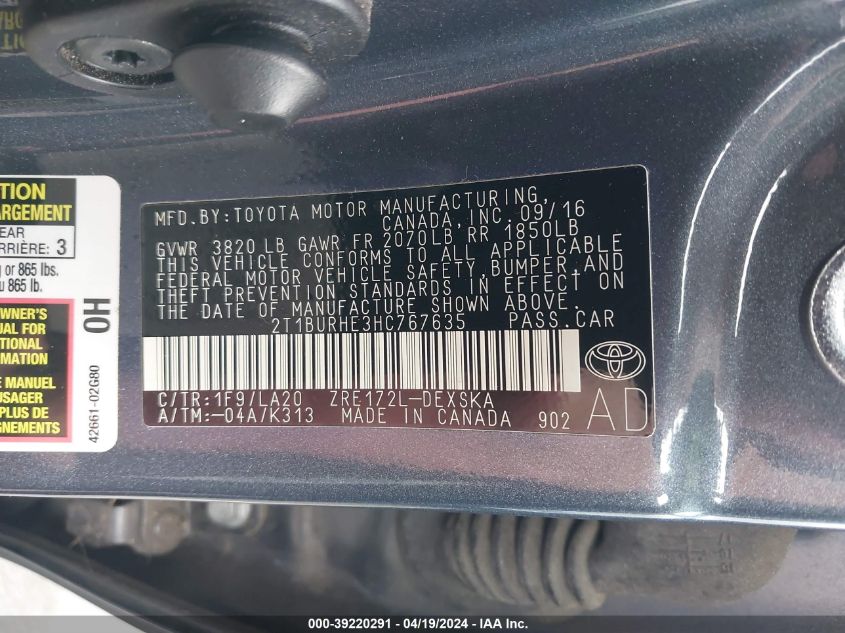 2017 Toyota Corolla Xse VIN: 2T1BURHE3HC767635 Lot: 39220291