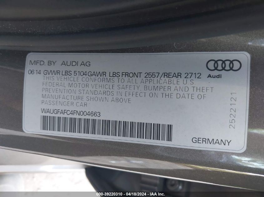 2015 Audi A6 2.0T Premium VIN: WAUGFAFC4FN004663 Lot: 39220310