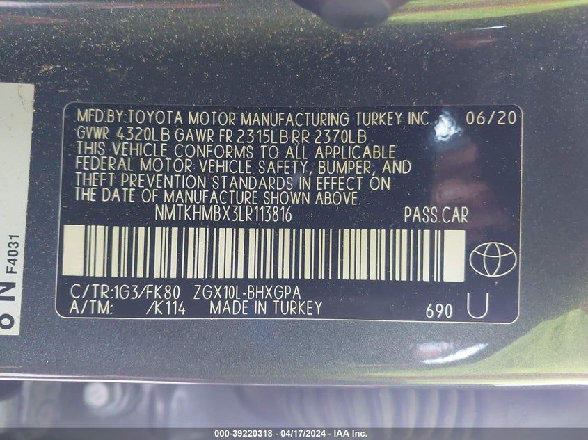 VIN NMTKHMBX3LR113816 2020 TOYOTA C-HR XLE/LE/LIMITED
