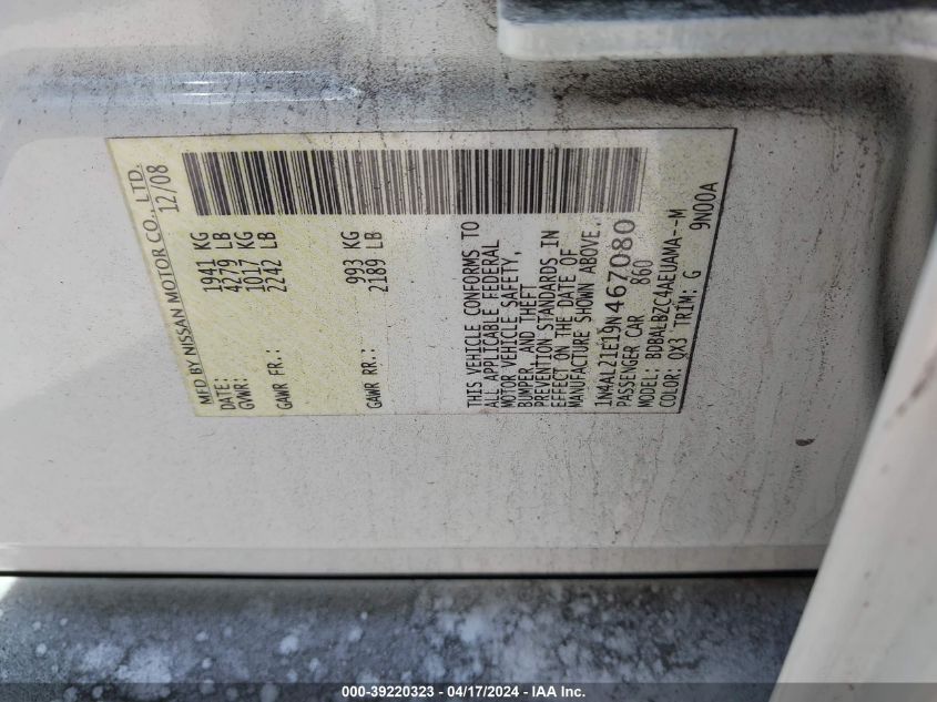 2009 Nissan Altima 2.5 S VIN: 1N4AL21E19N467080 Lot: 39220323