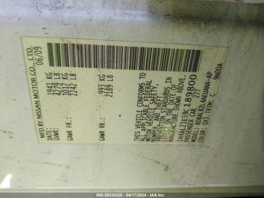 2009 Nissan Altima 2.5 S VIN: 1N4AL21E59C189800 Lot: 39220325