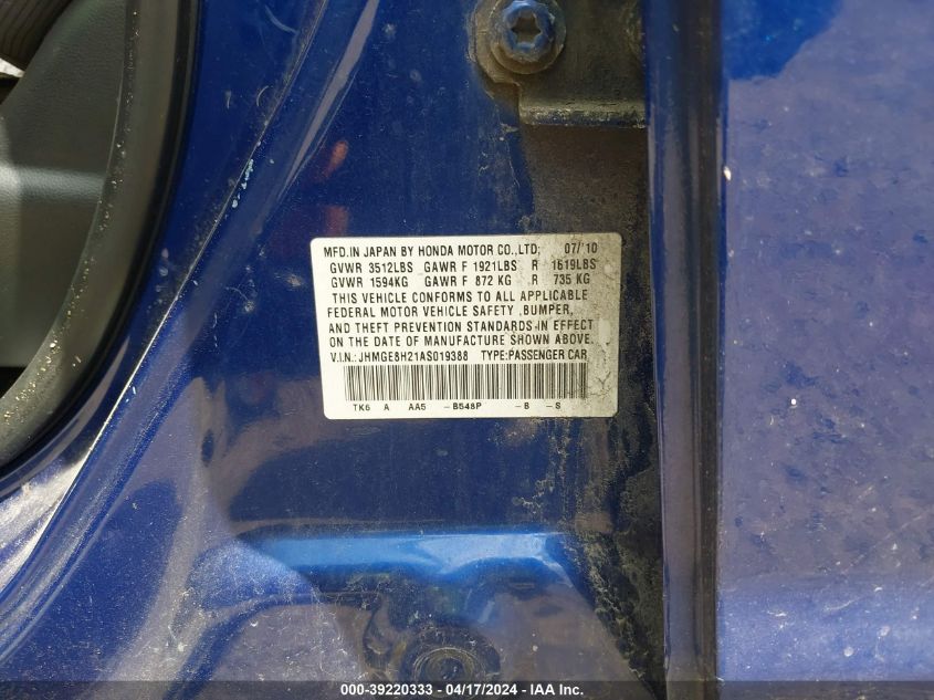 2010 Honda Fit VIN: JHMGE8H21AS019388 Lot: 39220333