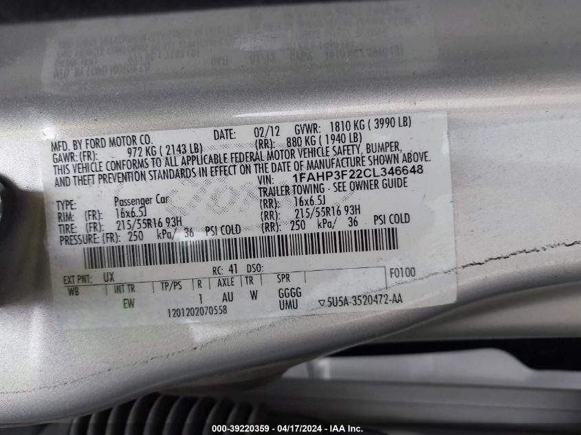 2012 Ford Focus Se VIN: 1FAHP3F22CL346648 Lot: 39220359