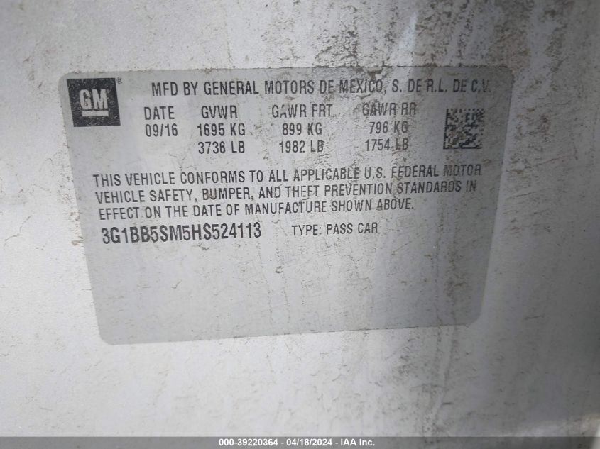 2017 Chevrolet Cruze Ls Manual VIN: 3G1BB5SM5HS524113 Lot: 39220364