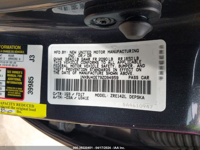 2009 Toyota Corolla S VIN: 1NXBU40E79Z094959 Lot: 39220401