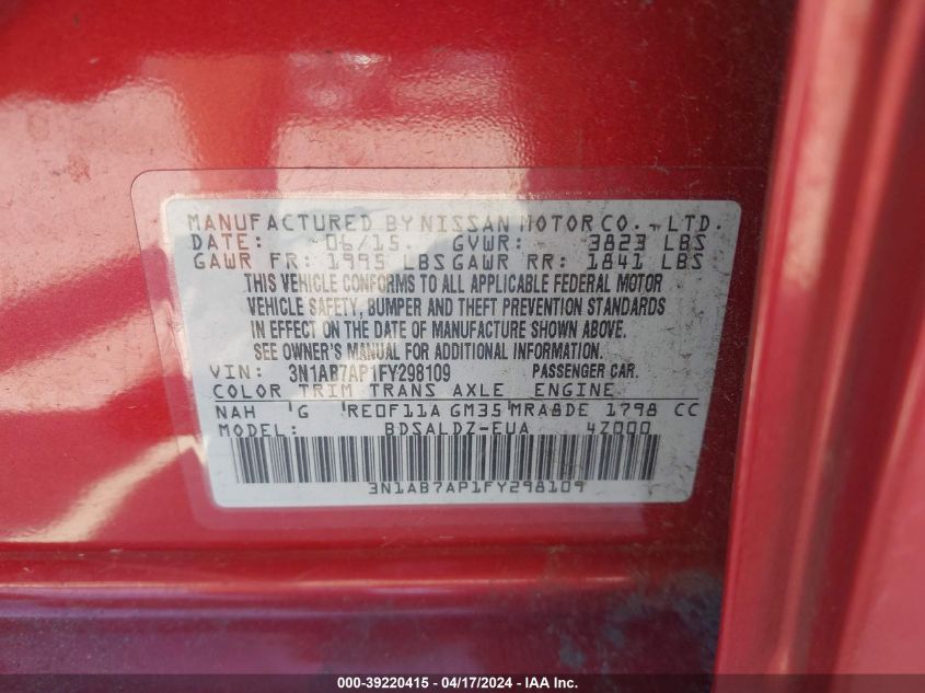 2015 Nissan Sentra Sv VIN: 3N1AB7AP1FY298109 Lot: 39220415