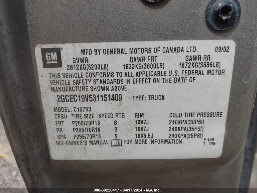 2003 Chevrolet Silverado 1500 Ls VIN: 2GCEC19V531151409 Lot: 39220417