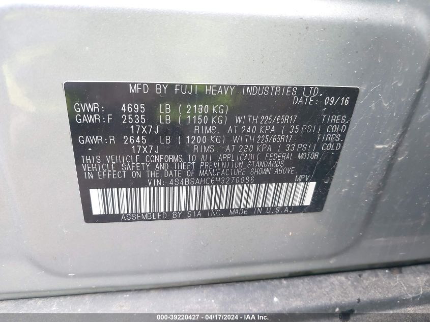 2017 Subaru Outback 2.5I Premium VIN: 4S4BSAHC6H3270086 Lot: 39220427