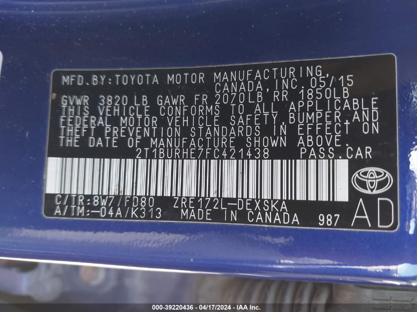 2015 Toyota Corolla S Plus VIN: 2T1BURHE7FC421438 Lot: 39220436