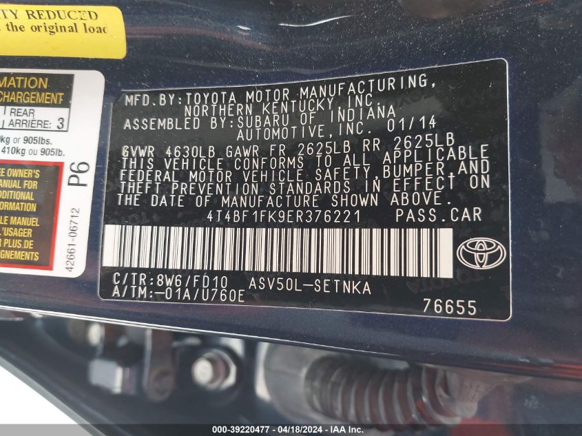 2014 Toyota Camry Le VIN: 4T4BF1FK9ER376221 Lot: 39220477