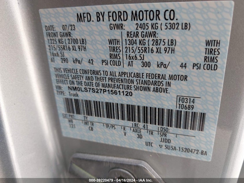 VIN NM0LS7S27P1561120 2023 FORD TRANSIT CONNECT XL