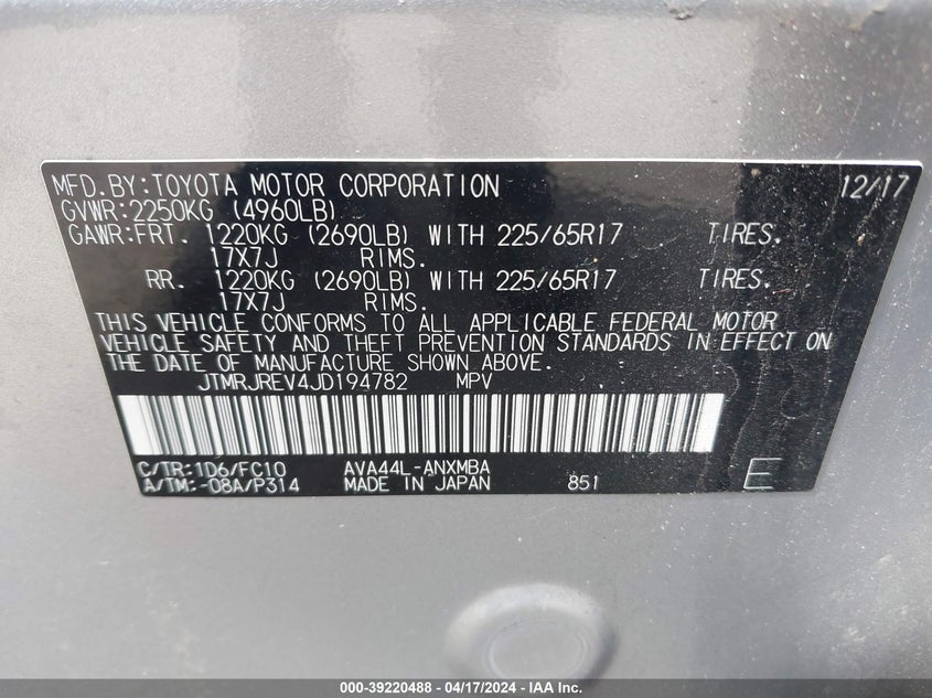 2018 TOYOTA RAV4 HYBRID LE - JTMRJREV4JD194782