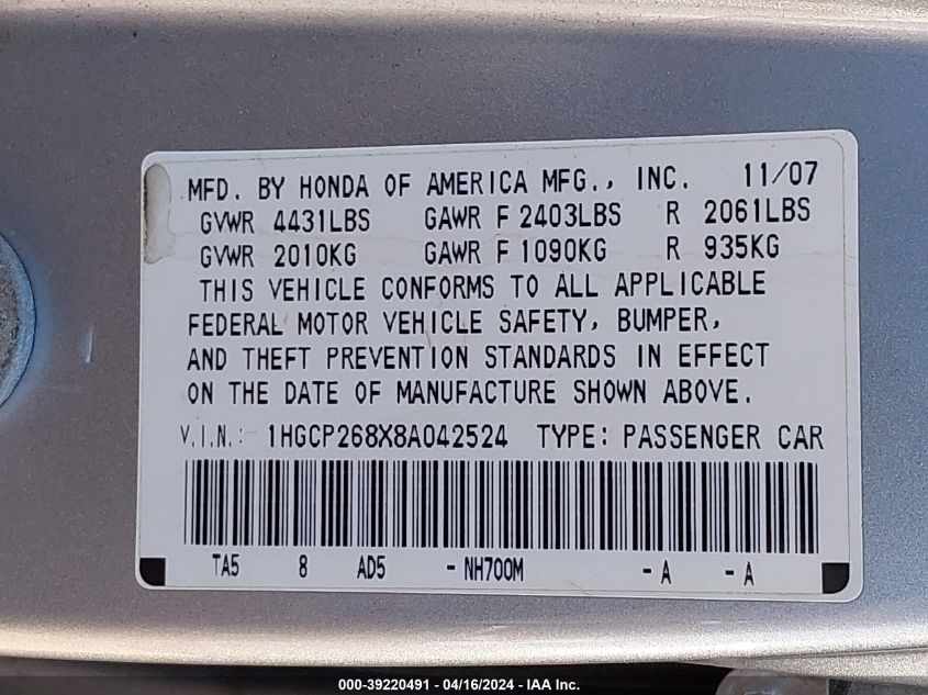 1HGCP268X8A042524 | 2008 HONDA ACCORD