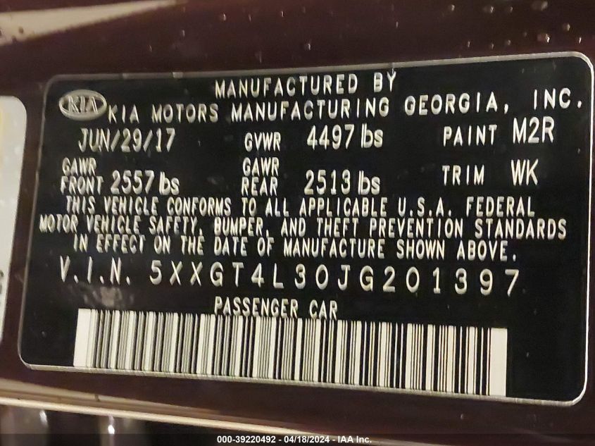 2018 Kia Optima Lx VIN: 5XXGT4L30JG201397 Lot: 39220492