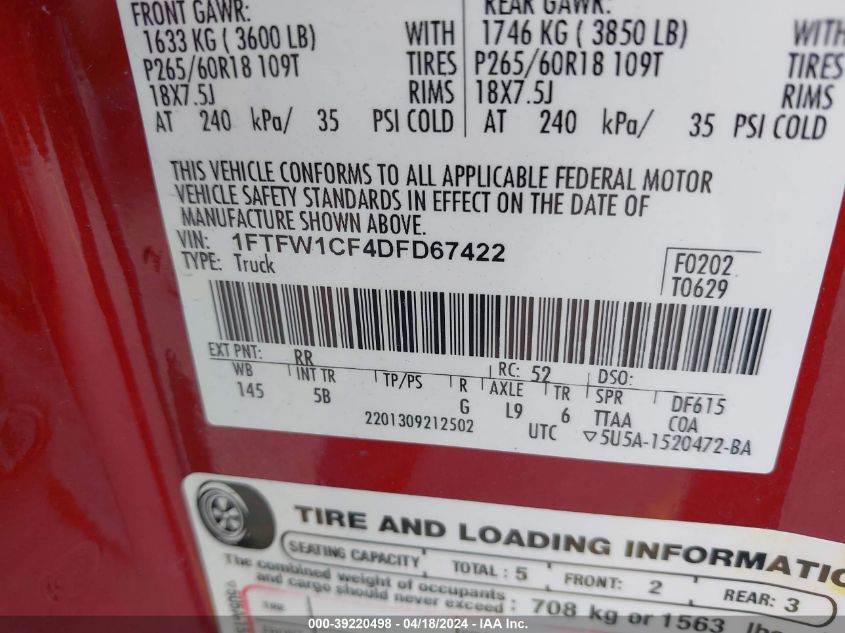 2013 Ford F-150 Fx2 VIN: 1FTFW1CF4DFD67422 Lot: 39220498