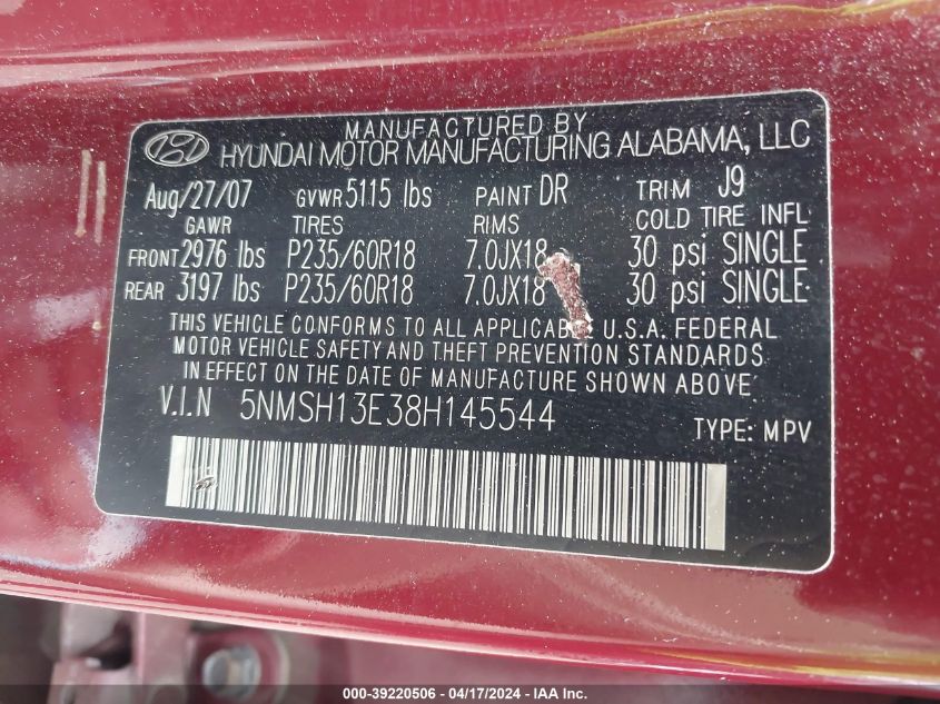2008 Hyundai Santa Fe Limited/Se VIN: 5NMSH13E38H145544 Lot: 39220506