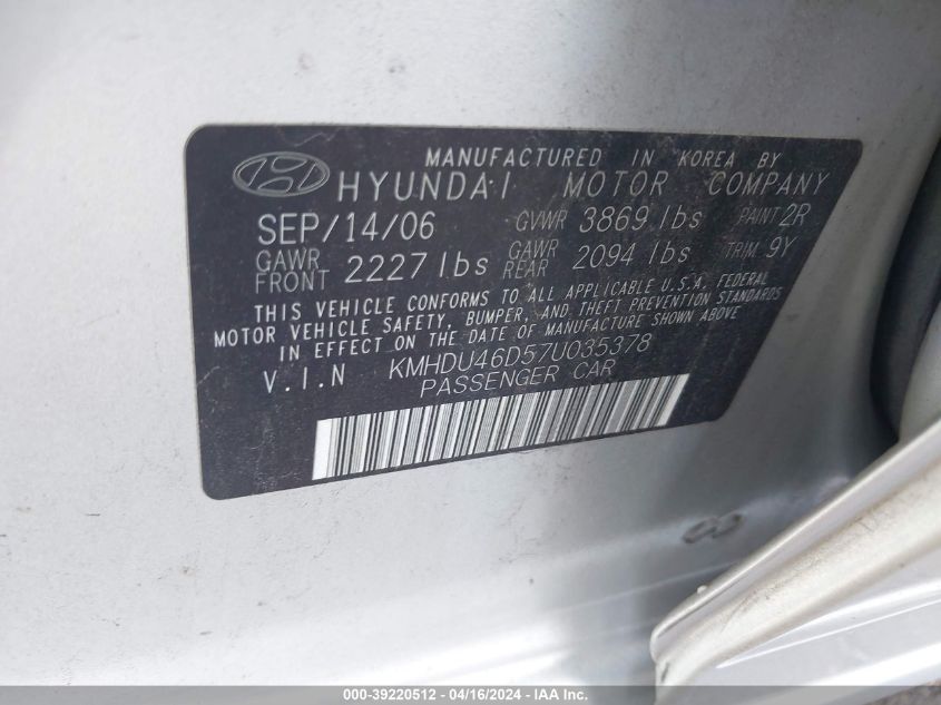 KMHDU46D57U035378 | 2007 HYUNDAI ELANTRA