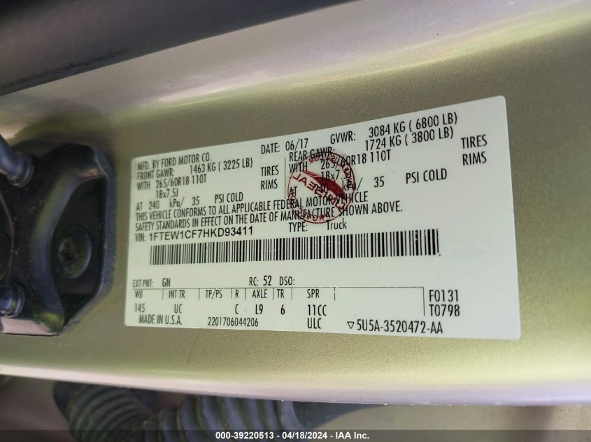 2017 Ford F-150 Xlt VIN: 1FTEW1CF7HKD93411 Lot: 39220513
