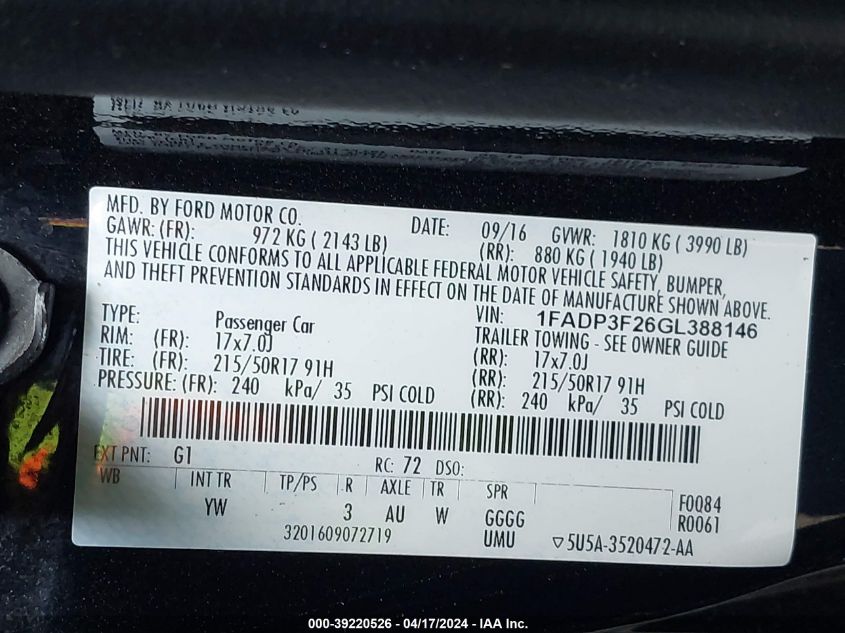 2016 Ford Focus Se VIN: 1FADP3F26GL388146 Lot: 39220526