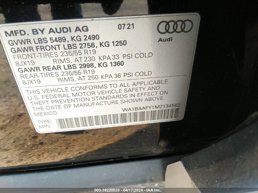 WA1BAAFY1M2134562 2021 Audi Q5 Premium Plus 45 Tfsi Quattro S Tronic