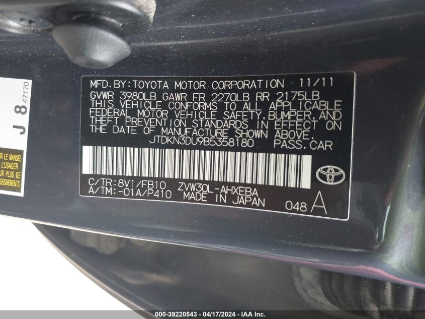 JTDKN3DU9B5358180 | 2011 TOYOTA PRIUS