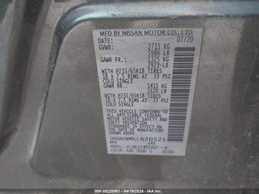 2020 Nissan Pathfinder Sv 4Wd VIN: 5N1DR2BM9LC620525 Lot: 39220581