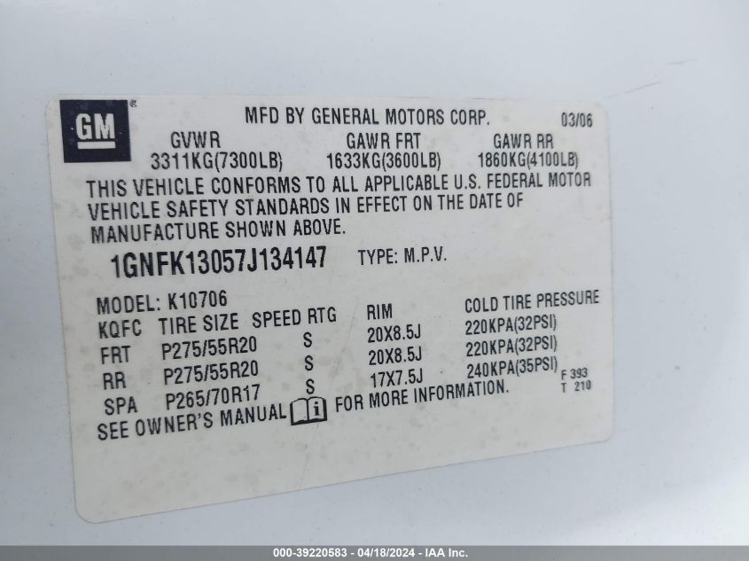 2007 Chevrolet Tahoe Lt VIN: 1GNFK13057J134147 Lot: 39220583