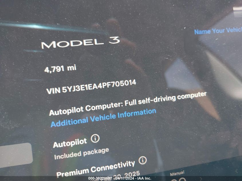 2023 Tesla Model 3 Rear-Wheel Drive VIN: 5YJ3E1EA4PF705014 Lot: 39220597