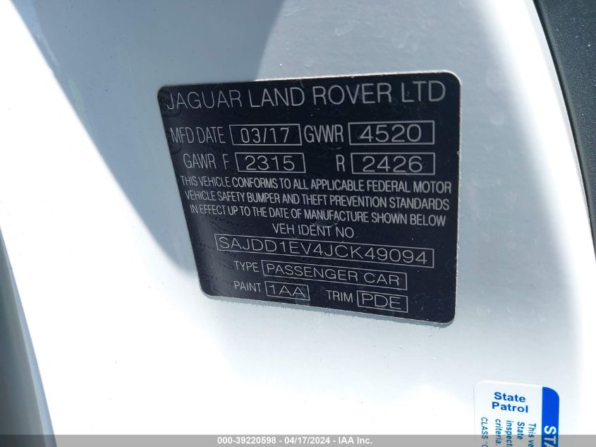 2018 Jaguar F-Type 340Hp VIN: SAJDD1EV4JCK49094 Lot: 39220598