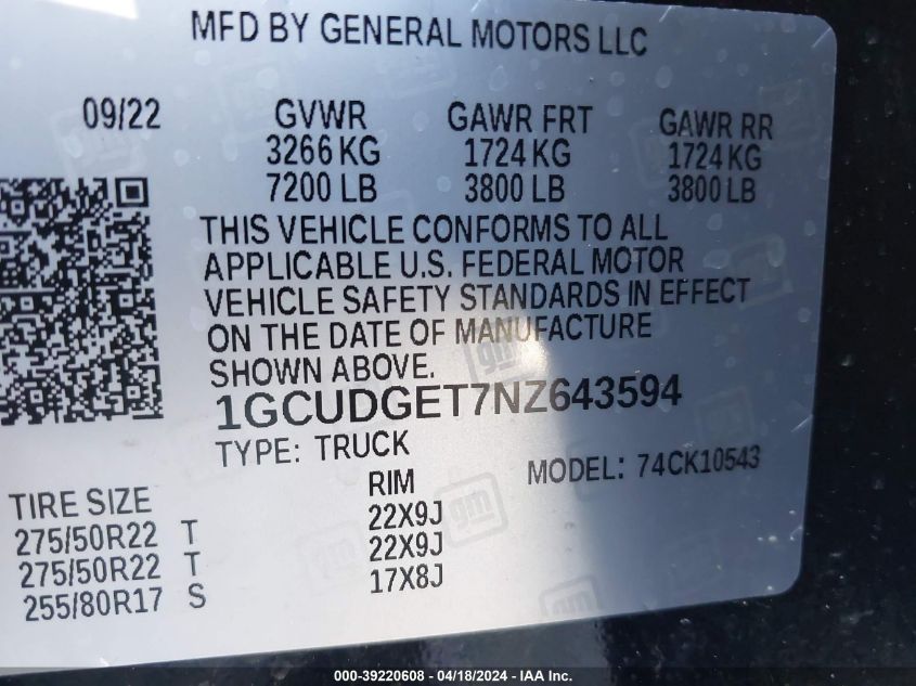2022 Chevrolet Silverado 1500 VIN: 1GCUDGET7NZ643594 Lot: 39220608