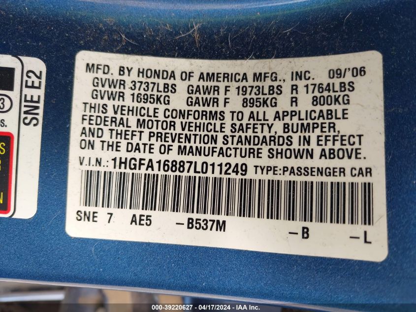 2007 Honda Civic Ex VIN: 1HGFA16887L011249 Lot: 39220627