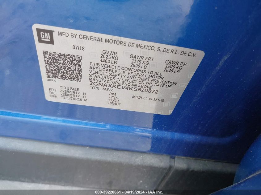 2019 Chevrolet Equinox Lt VIN: 3GNAXKEV4KS510872 Lot: 39220661