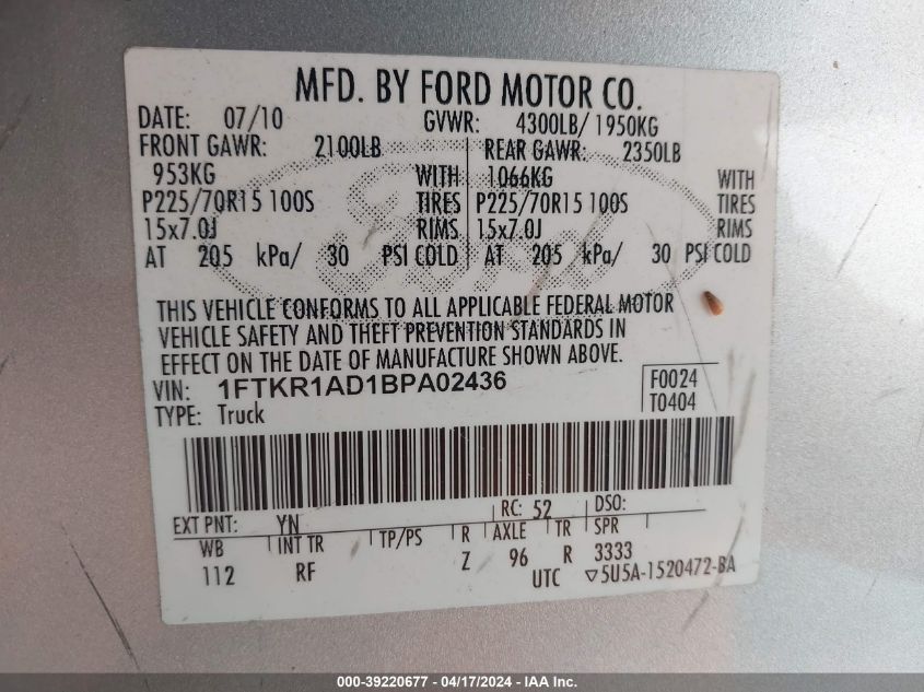 2011 Ford Ranger Xl VIN: 1FTKR1AD1BPA02436 Lot: 39220677