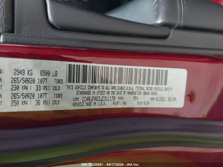 2018 Jeep Grand Cherokee Altitude 4X4 VIN: 1C4RJFAG3JC311179 Lot: 39220681